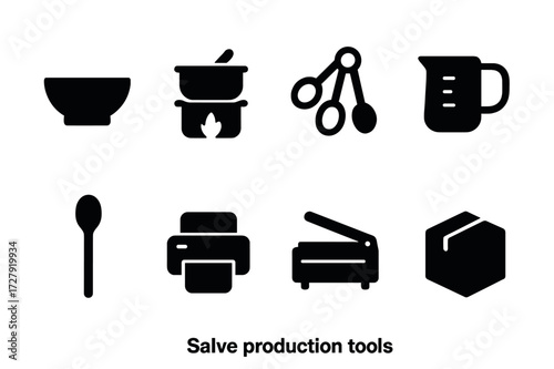 Salve Production Tools. Solid, filled icon set of salve production tools: mixing bowl, double boiler, measuring spoons, pouring jug, stirring spoon, label