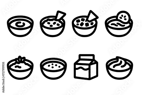 Diverse Dips Icons. Solid, filled icon set of spreads and dips: hummus, guacamole, salsa, tzatziki, baba ganoush, ranch dip, cream cheese, peanut butter. [Line