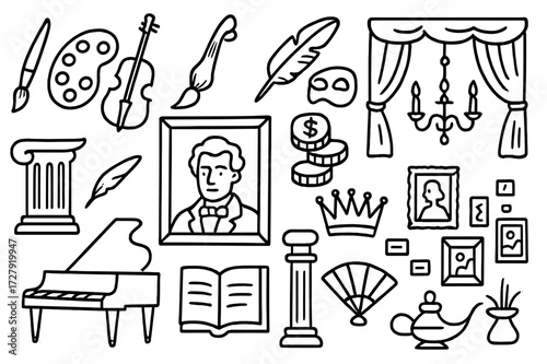 Art Patronage Icons. Hand-drawn doodle illustration bourgeois art patronage paintbrush, palette, violin, piano, feather pen, opera mask, book, column, framed
