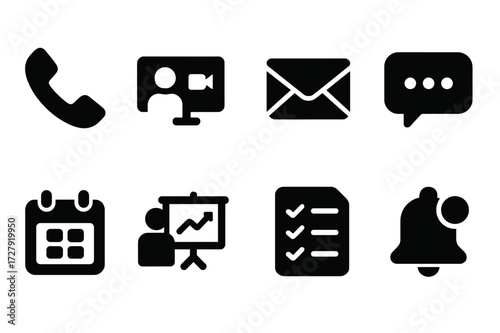 Financial Planner Icons. Solid, filled icon set of financial planner communication: phone call, video conference, email, chat, calendar appointment,
