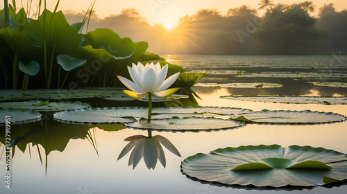 A solitary white lotus blossom rises from the still water, its reflection mirrored in the surface, surrounded by verdant lily pads and the ethereal mist of a golden sunrise