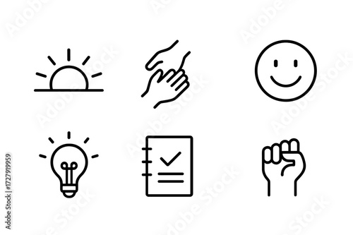 Recovery Icon Set. Outline icon set of loser recovery: rising sun, helping hand, support group, smile returning, light bulb, notebook, new plan, courage fist.