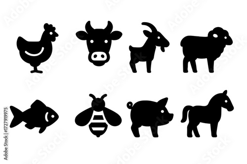 Local Food Animals Icons. Solid, filled icon set of local food animals: chicken, cow, goat, sheep, fish, bee, pig, horse. [Line icons in only black color. All