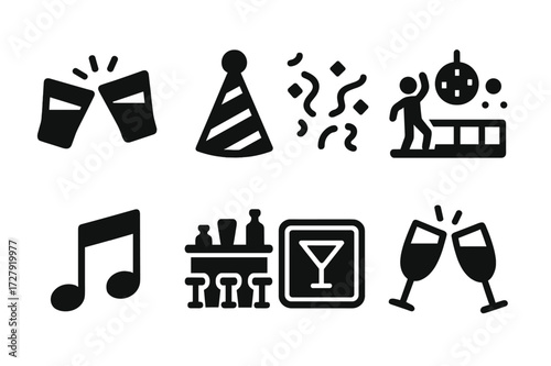 Party Icon Grid. Solid, filled icon set of shot party and events: clinking shot glasses, party hat, confetti, dance floor, music note, bar counter, neon sign,