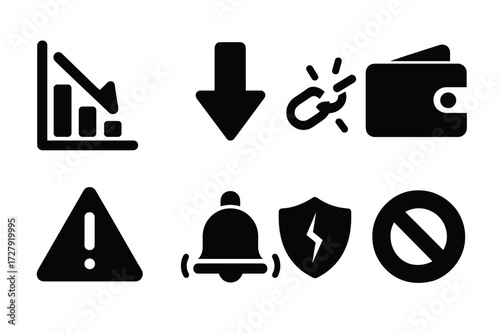 Loss Indicators Icons. Solid, filled icon set of loss indicators: downward graph, red arrow, broken chain, empty wallet, warning sign, alarm bell, cracked