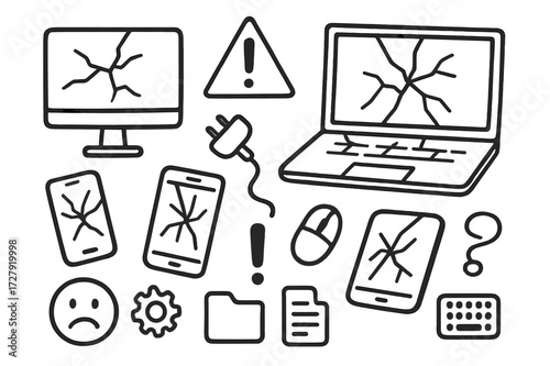 Broken Technology Icons. Hand-drawn doodle illustration Broken technology cracked monitor, laptop, smartphone, tablet, shattered screen, warning triangle,