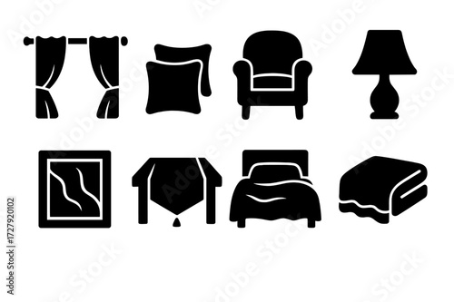 Silk Decor Icons. Solid, filled icon set of silk uses in home decor: silk curtains, silk cushions, silk upholstery, silk lampshade, silk wall art, silk table