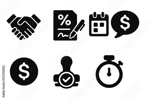 Interest Rate Icons. Solid, filled icon set of interest rate negotiation: handshake, contract, pen signing, calendar, speech bubble, dollar sign, approval