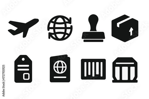 International Shipping Icons. Solid, filled icon set of international shipping: cargo plane, globe with arrows, customs stamp, delivery box, shipping label,
