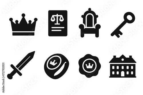 Royal Duties Icons. Solid, filled icon set of heir responsibilities: crown, legal document, throne, key, sword, royal ring, seal, ancestral mansion. Solid,