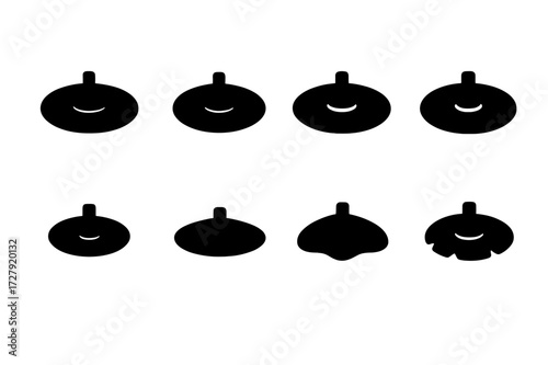 Crash Cymbal Icons. Solid, filled icon set of crash cymbal types: thin crash, medium crash, heavy crash, fast crash, slow crash, splash crash, china crash,