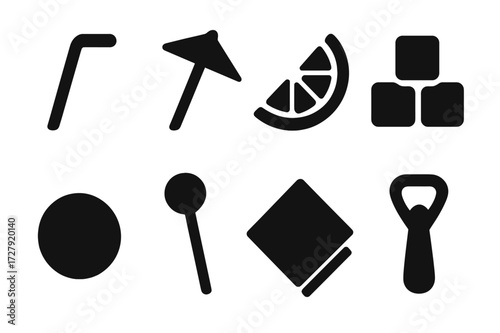 Drink Accessory Icons. Solid, filled icon set of drink accessories: straw, cocktail umbrella, lemon wedge, ice cubes, coaster, stirrer, napkin, bottle opener.