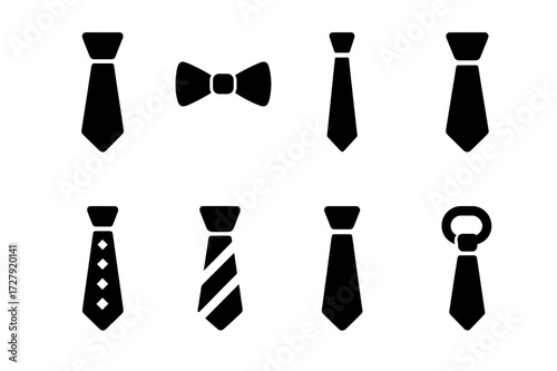 Tie Icon Set. Solid, filled icon set of ties: classic necktie, bow tie, skinny tie, wide tie, patterned tie, striped tie, solid color tie, clip-on tie. [Solid,