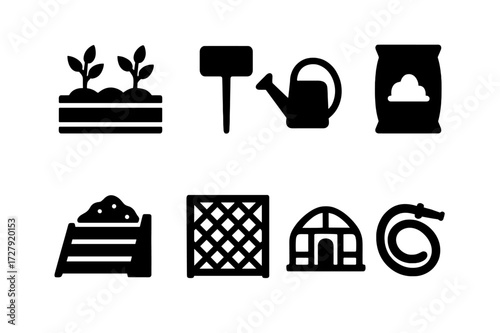 Herb Garden Icons. Solid, filled icon set of herb garden elements: raised bed, herb marker, watering can, soil bag, compost heap, trellis, greenhouse, garden