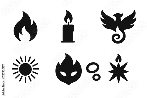Ritual Fire Icon Set. Solid, filled icon set of ritual fire symbols: flame symbol, burning candle, fire spiral, phoenix, sunburst, fire mask, smoke rings, fire