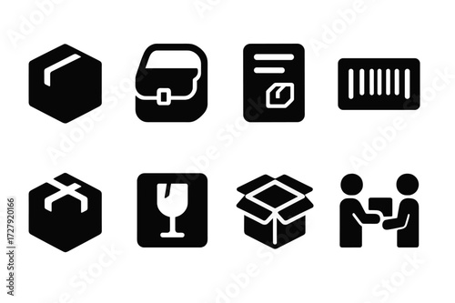 Tiny Delivery Icons. Solid, filled icon set of tiny delivery: parcel box, courier satchel, shipping sticker, barcode label, taped package, fragile sticker,