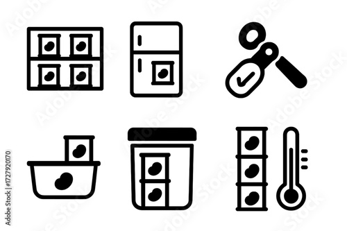 Canned Beans Icons. Solid, filled icon set of canned beans storage: pantry shelf, refrigerator, can opener, expiration date label, storage box, airtight