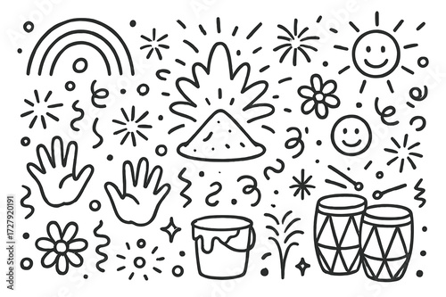 Festival Doodle Icons. Hand-drawn doodle illustration Festival of colors powder splash, handprints, paint bucket, sun, smiley face, flower, abstract shapes,