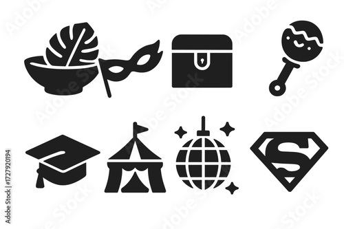 Themed Party Icon Set. Solid, filled icon set of themed party centerpieces: tropical leaf bowl, masquerade mask, pirate chest, baby shower rattle, graduation