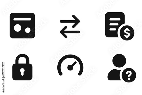 Banking UI Icons. Solid, filled icon set of banking interface UI: balance overview, transfer button, statement icon, currency selector, lock icon, savings