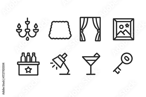 VIP Room Icon Set. Outline icon set of VIP room decor: chandelier, plush carpet, velvet curtain, exclusive art, private bar, spotlight, cocktail glass, gold