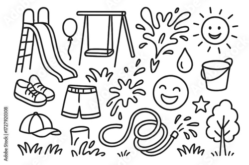 Playground Water Fun Doodle. Hand-drawn doodle illustration Playground water fun slide, swing, balloon, splash, droplet, bucket, sneakers, shorts, cap, hose,