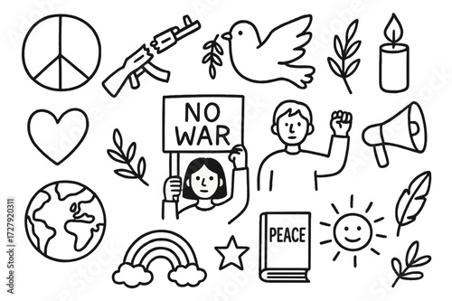 Anti-War Symbols Collection. Hand-drawn doodle illustration Anti-war messages peace symbol, broken weapon, dove, olive branch, candle, heart, people