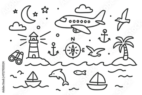 Night Ocean Doodle. Hand-drawn doodle illustration night flight over ocean airplane, moon, stars, clouds, waves, lighthouse, anchor, compass, dolphin, seagull,