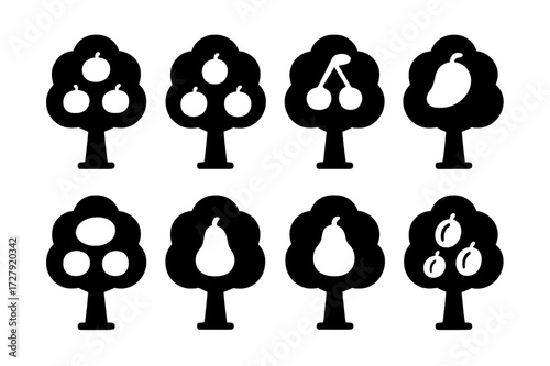 Black Fruit Tree Icons. Solid, filled icon set of fruit trees: apple tree, orange tree, cherry tree, peach tree, lemon tree, mango tree, pear tree, plum tree.