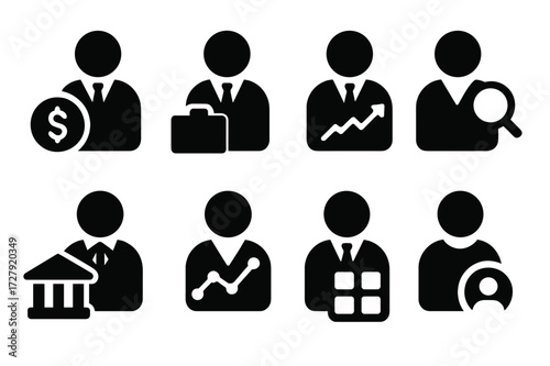 Finance Icon Set. Solid, filled icon set of investment participants: investor, broker, financial advisor, analyst, banker, trader, portfolio manager, client.