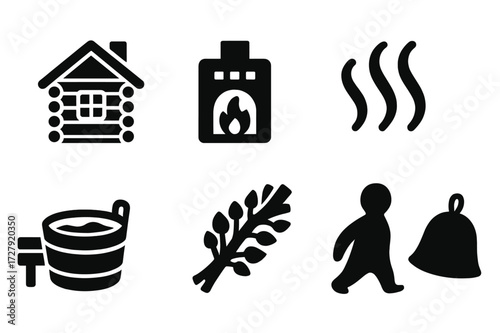 Sauna Essentials Icons. Solid, filled icon set of bathhouse environment: log cabin, stove fire, steam waves, wooden bench, bucket with water, birch twigs,