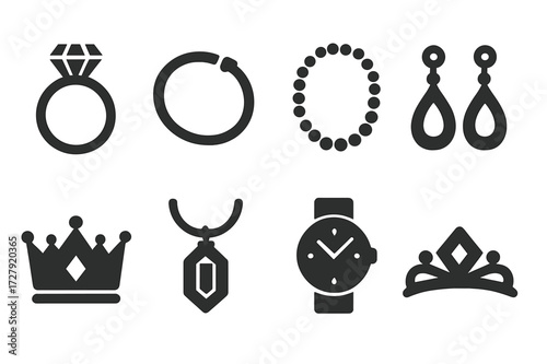 Luxury Jewelry Icons. Solid, filled icon set of luxury jewelry: diamond ring, gold bracelet, pearl necklace, ruby earrings, crown, sapphire pendant, watch,