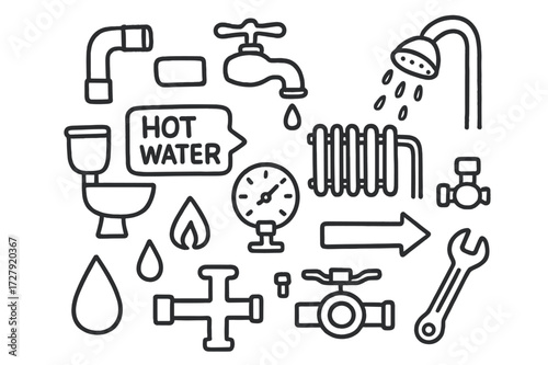 Plumbing Diagram Symbols. Hand-drawn doodle illustration Plumbing diagram symbols pipe, faucet, sink, shower, radiator, pump, pressure gauge, valve, arrow tag,