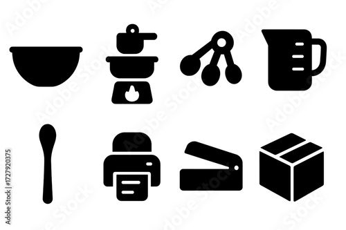 Salve Production Tools. Solid, filled icon set of salve production tools: mixing bowl, double boiler, measuring spoons, pouring jug, stirring spoon, label