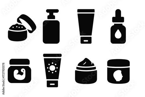 Balm Product Icons. Solid, filled icon set of solid balm related products: lip scrub, body lotion, hand cream, beard oil, muscle balm, sunscreen, ointment,
