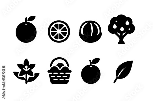 Orange Icon Set. Solid, filled icon set of orange peel harvest and fruit: whole orange, orange slice, peeled orange, orange tree, orange blossom, citrus fruit