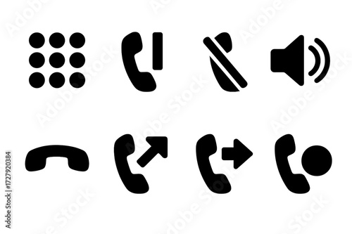 Call Actions Icons. Solid, filled icon set of call actions: dial pad, hold, mute, speakerphone, end call, answer call, transfer call, record call. [Solid,