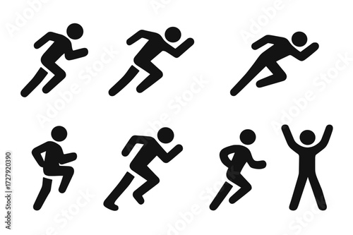 Sprint Movement Icons. Solid, filled icon set of sprint posture and movement: forward lean, sprint stride, arm drive, explosive start, knee lift, foot strike,