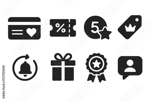 Client Retention Icons. Solid, filled icon set of client retention: loyalty card, discount coupon, reward points, exclusive offer, renewal notice, birthday