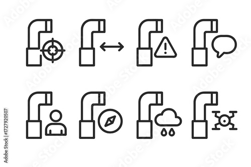 Periscope Icon Set. Outline icon set of periscope monitoring: target tracking, distance measurement, threat detection, communication relay, enemy spotting,