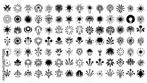 Discover a vibrant collection of diverse firework silhouettes perfect for celebratory designs and dynamic event promotions