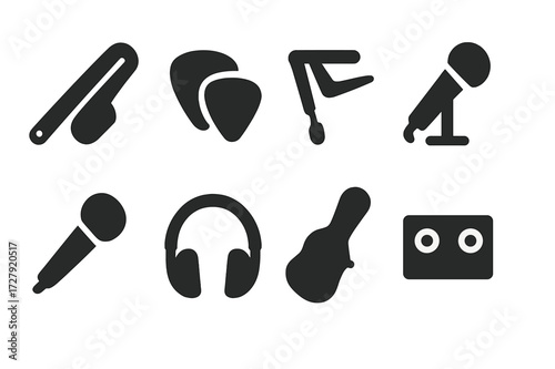 Rock Music Icons. Solid, filled icon set of rock music accessories: guitar strap, picks, capo, drum pedal, microphone, headphones, guitar case, amplifier