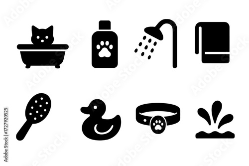 Pet Care Icons. Solid, filled icon set of pet washing: pet bath tub, shampoo bottle, shower head, towel, brush, rubber duck, pet collar, water splash. [Line