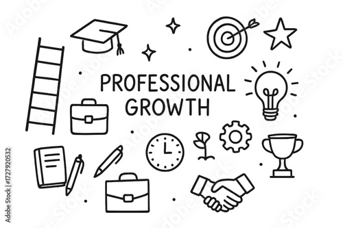 Professional Growth Icons. Hand-drawn doodle illustration Professional growth [graduation cap, ladder, target, arrow, star, briefcase, notebook, pencil, light