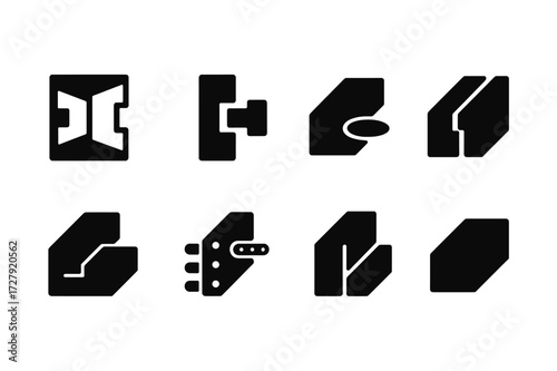 Wood Joinery Icons. Solid, filled icon set of wood joinery: dovetail, mortise and tenon, biscuit joint, tongue and groove, lap joint, dowel, spline, butt