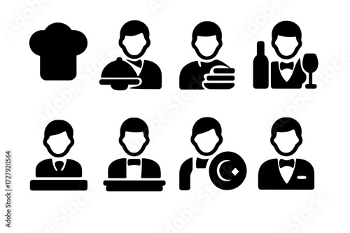 Dinner Service Icons. Solid, filled icon set of dinner service staff: chef hat, waiter, busser, sommelier, host, bartender, dishwasher, maitre d'. Line icons