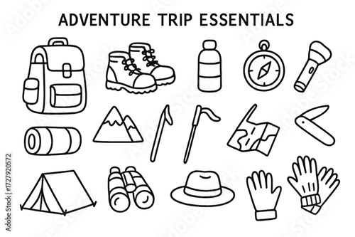 Adventure Gear Doodles. Hand-drawn doodle illustration Adventure trip essentials [backpack, hiking boots, water bottle, flashlight, compass, sleeping bag,