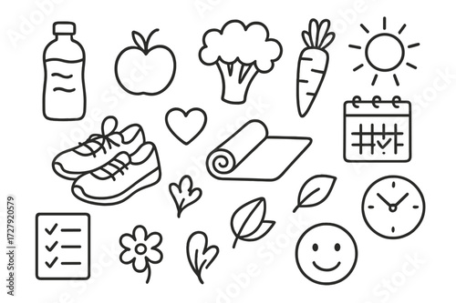 Healthy Lifestyle Icons. Hand-drawn doodle illustration healthy lifestyle water bottle, apple, broccoli, carrot, sneakers, heart icon, yoga mat, sun, sleep