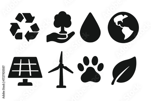 Conservation Icon Set. Solid, filled icon set of natural conservation: recycling, tree planting, water drop, earth globe, solar panel, wind turbine, animal