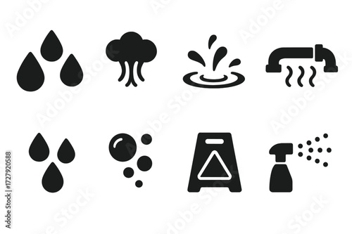 Steam Room Icons. Solid, filled icon set of steam room water elements: water droplets, steam cloud, water splash, hot water pipe, condensation, steam bubble,